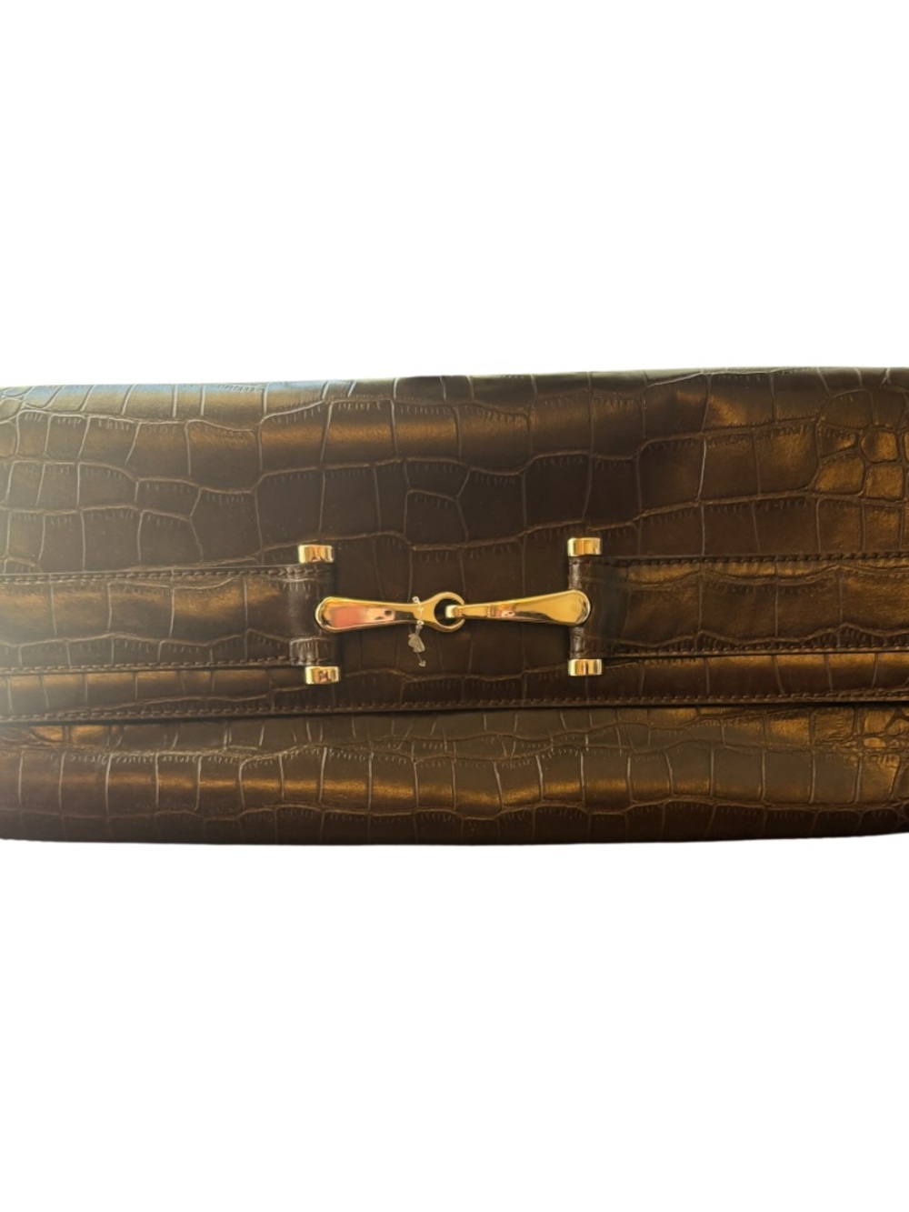 Ann Taylor Brown Croc-Embossed Leather Clutch with Gold Hardware